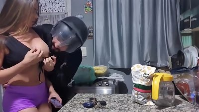 The motorcyclist gets lucky and eats the ball sack of the super-steamy married woman.