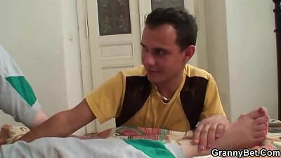 Injured older grandmother getting healed by young spunk-pump